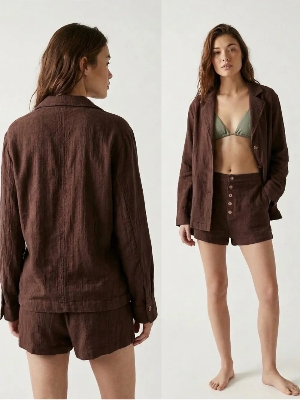 NWT Free People Modern Summer Short Blazer Set M Brown Linen 2pc Vacation Boho